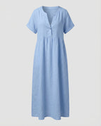 Women's Relaxed Empire Waist Maxi Dress – Notch Neck Short Sleeve Summer