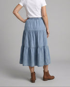 Women's High-Waisted Tiered Denim Midi Skirt