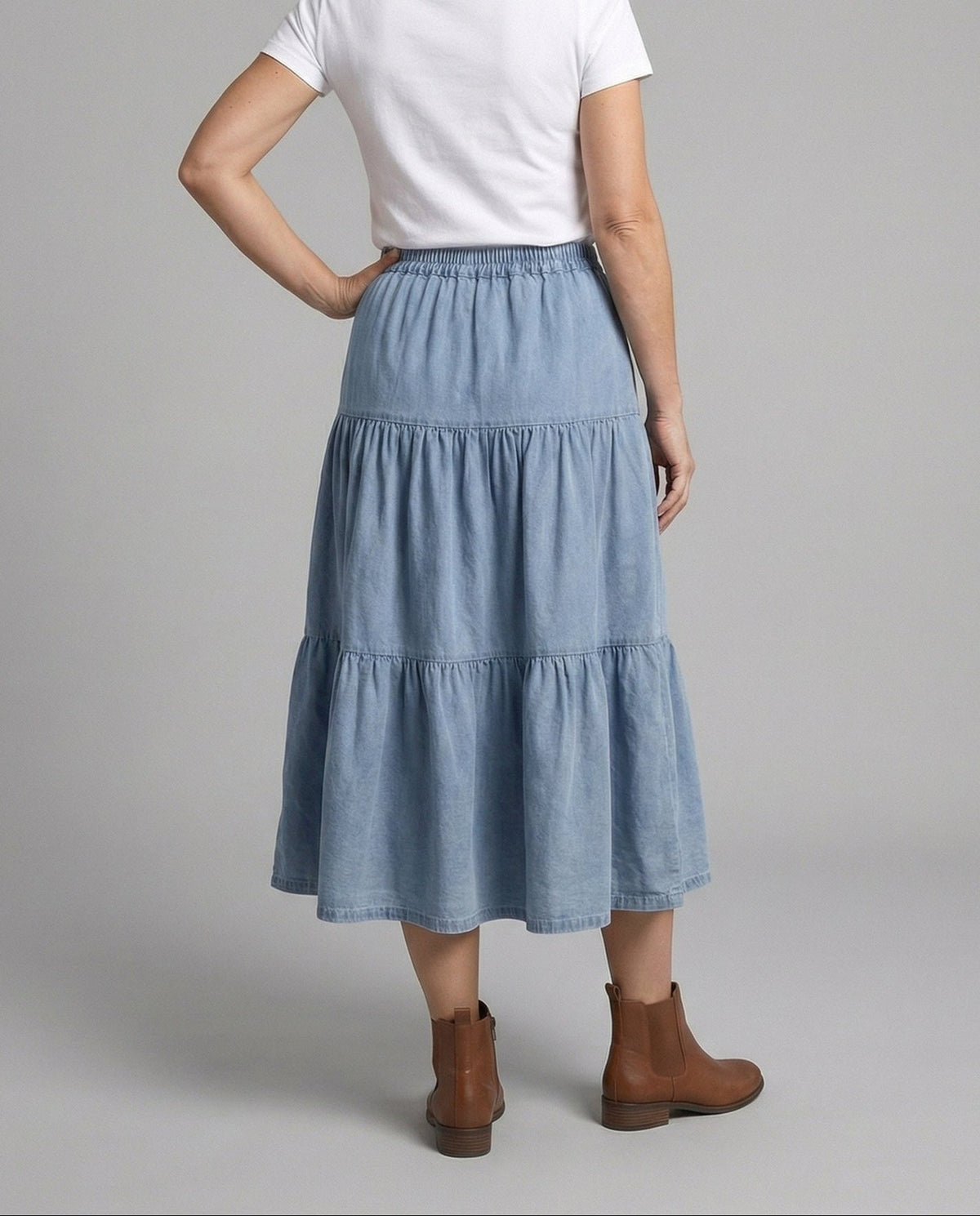 Women's High-Waisted Tiered Denim Midi Skirt