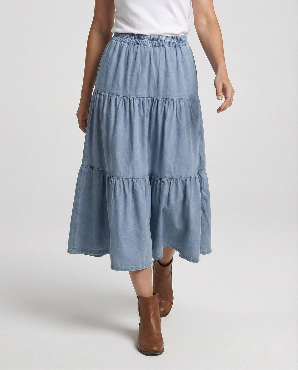 Women's High-Waisted Tiered Denim Midi Skirt