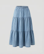 Women's High-Waisted Tiered Denim Midi Skirt