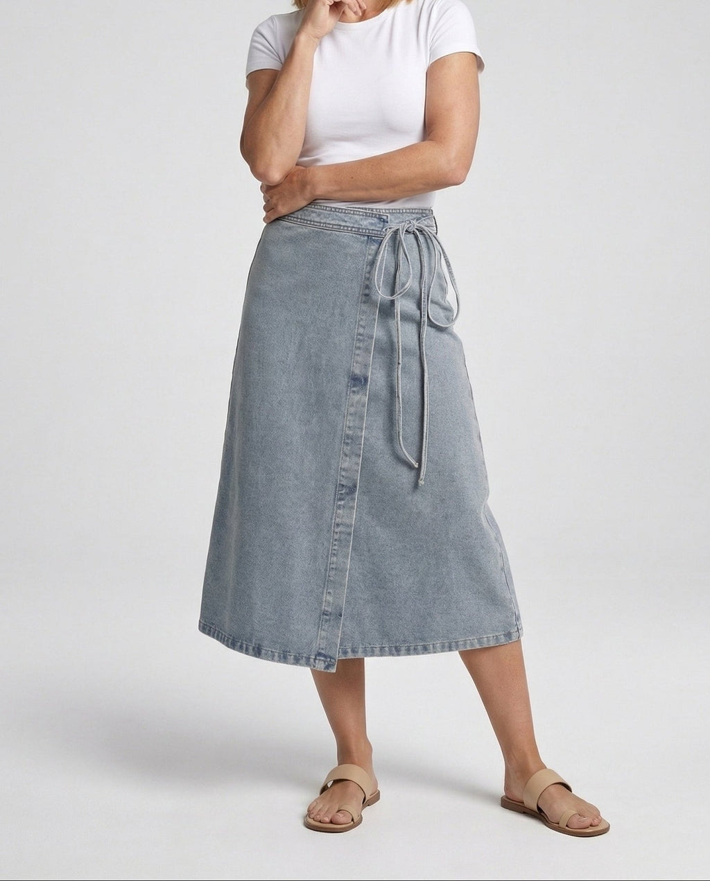 Women's High-Waisted Denim Wrap Midi Skirt
