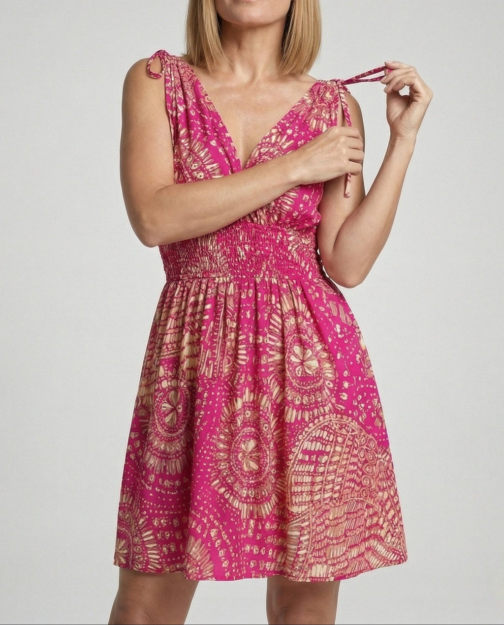 Women's Tie-Shoulder V-Neck Mini Dress – Printed A-Line Summer Sundress