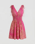 Women's Tie-Shoulder V-Neck Mini Dress – Printed A-Line Summer Sundress