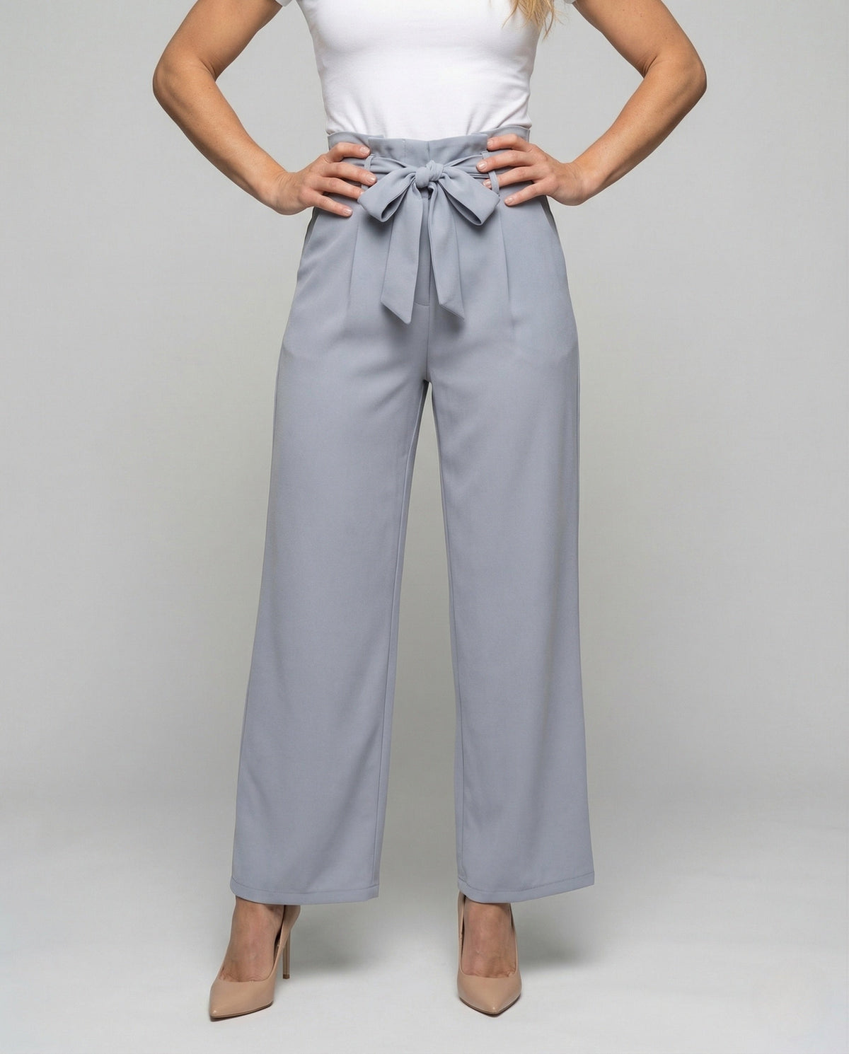 Women's High Waisted Wide Leg Trousers with Paperbag Waist and Tie Belt