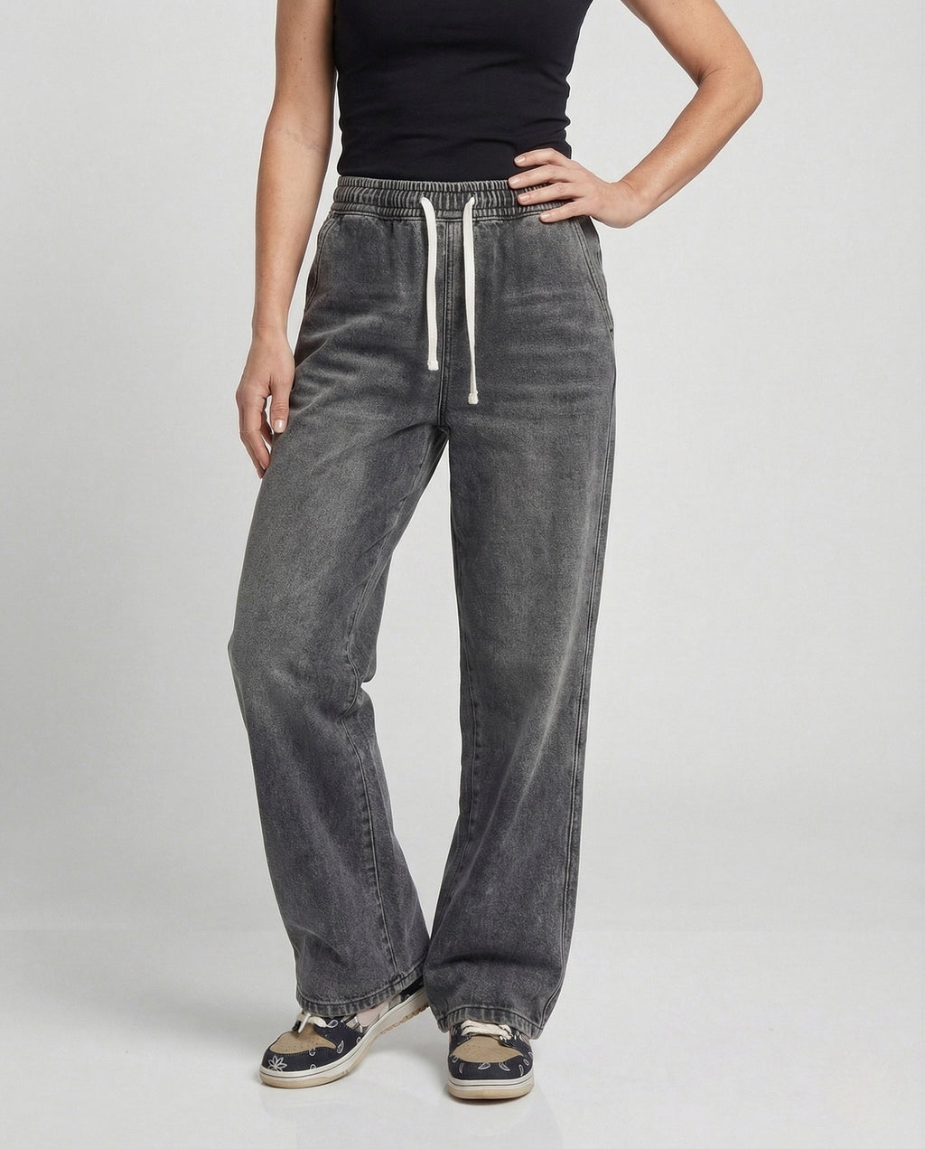 Women's Wide Leg Drawstring Jeans with Elasticated Waist
