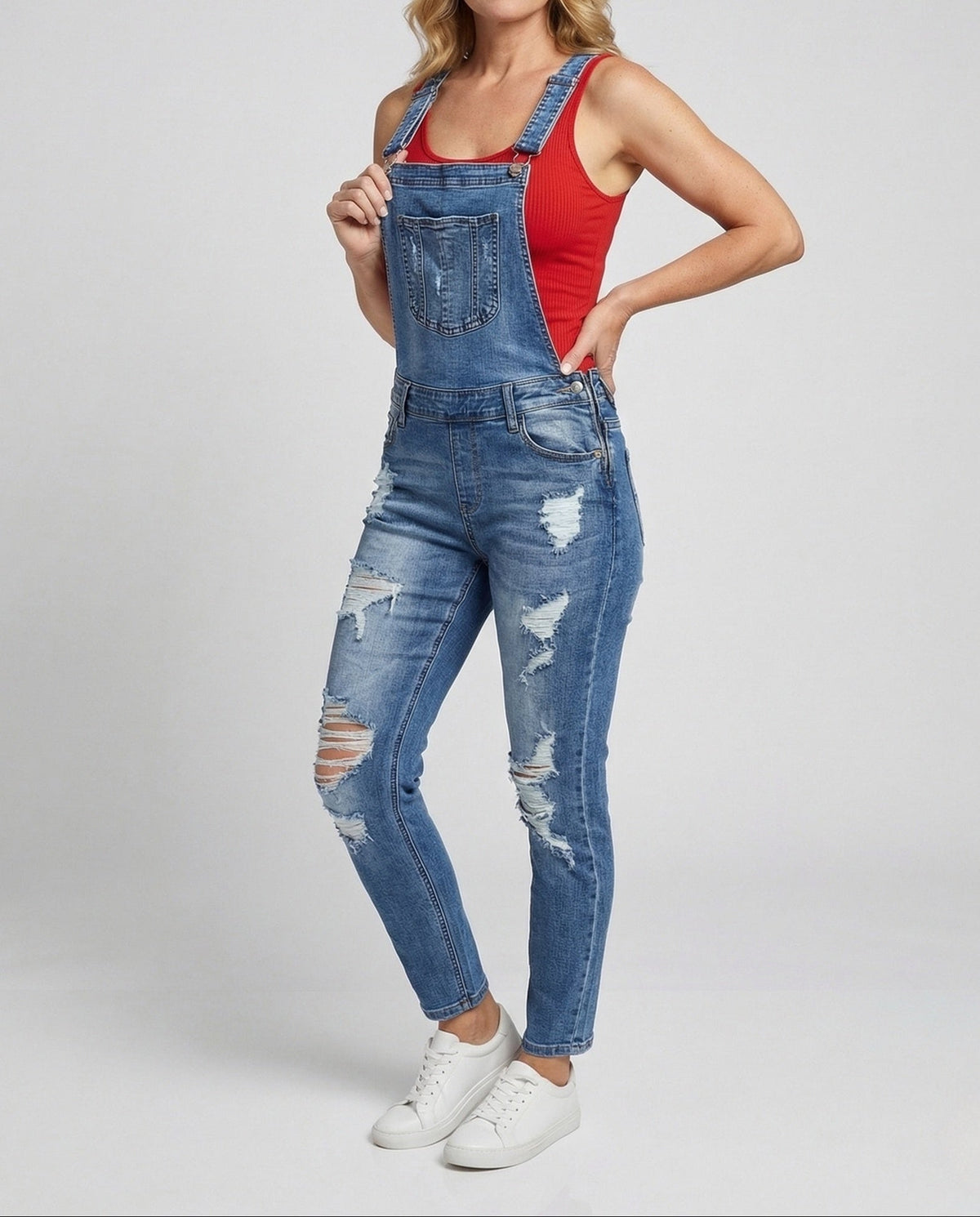 Women's Slim Fit Ripped Denim Dungarees with Adjustable Straps