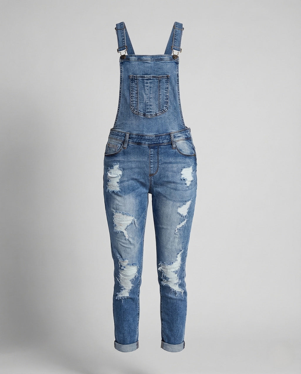 Women's Slim Fit Ripped Denim Dungarees with Adjustable Straps