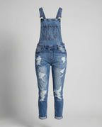 Women's Slim Fit Ripped Denim Dungarees with Adjustable Straps
