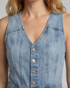 Women's Wide Leg Denim Jumpsuit with Fitted Button Front Bodice