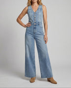 Women's Wide Leg Denim Jumpsuit with Fitted Button Front Bodice