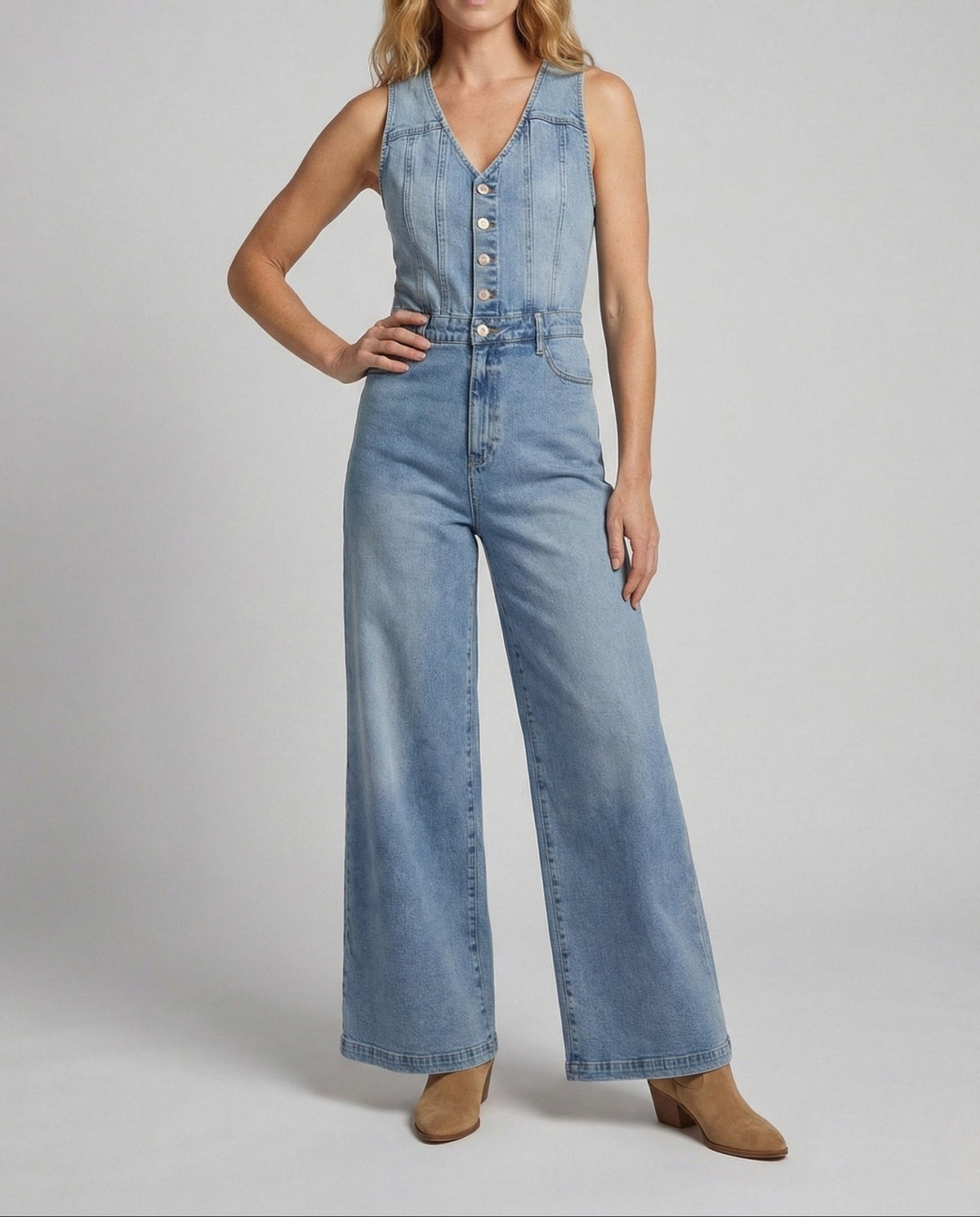 Women's Wide Leg Denim Jumpsuit with Fitted Button Front Bodice