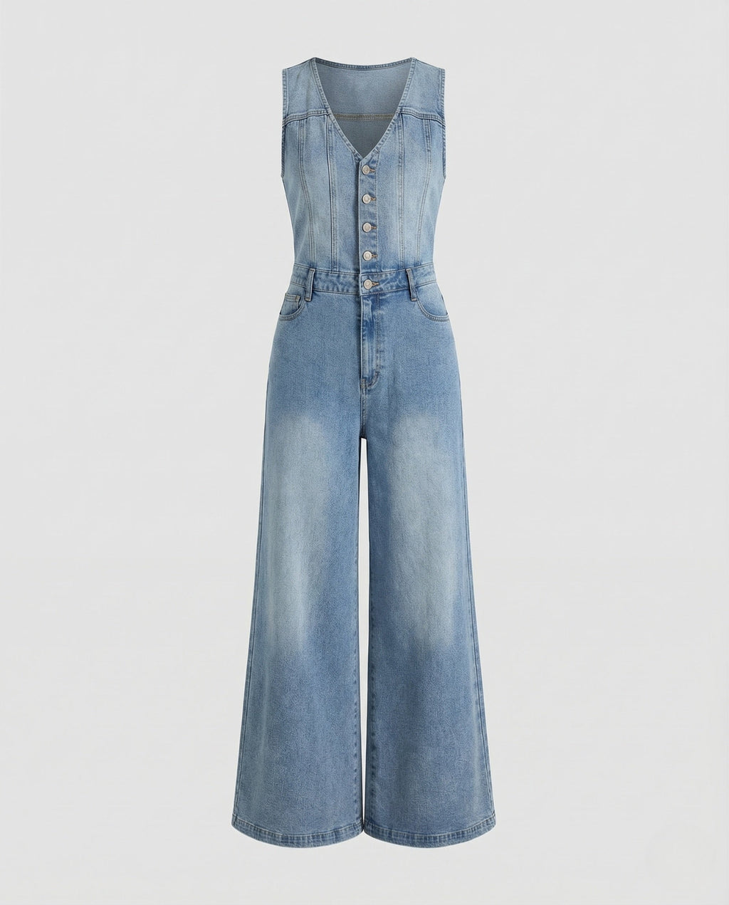 Women's Wide Leg Denim Jumpsuit with Fitted Button Front Bodice