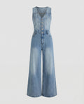 Women's Wide Leg Denim Jumpsuit with Fitted Button Front Bodice