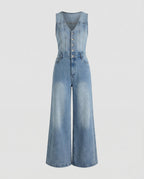Women's Wide Leg Denim Jumpsuit with Fitted Button Front Bodice