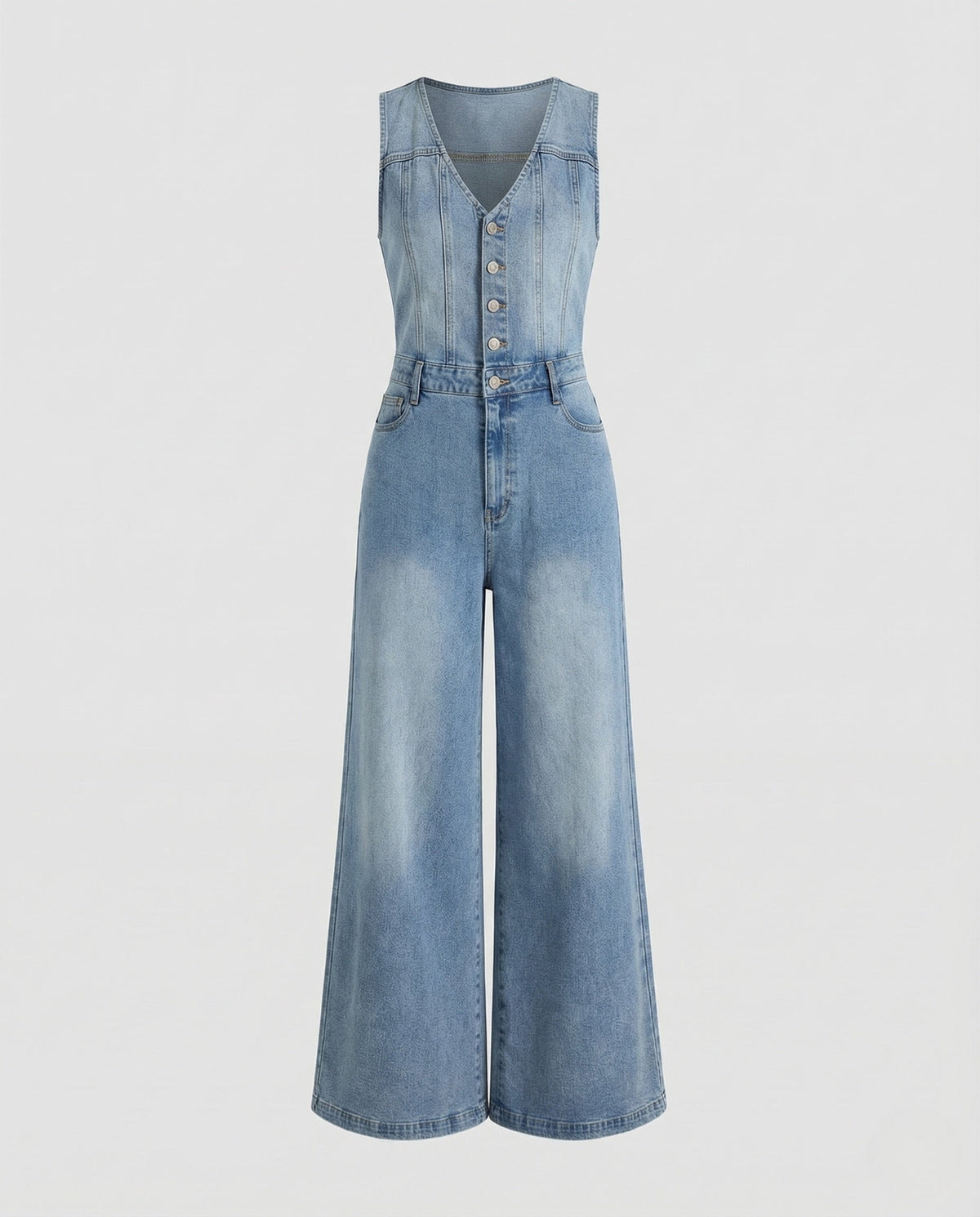 Women's Wide Leg Denim Jumpsuit with Fitted Button Front Bodice