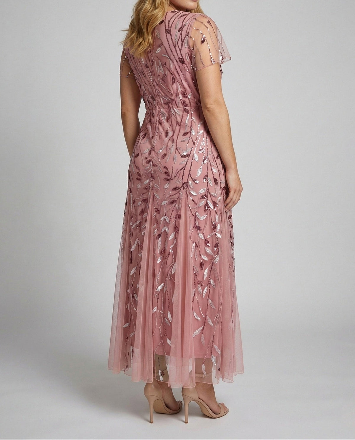 Women's Sequin Tulle Maxi Dress with Sheer Short Sleeves