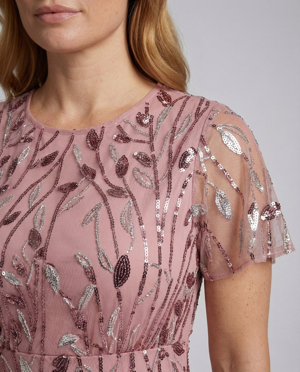 Women's Sequin Tulle Maxi Dress with Sheer Short Sleeves