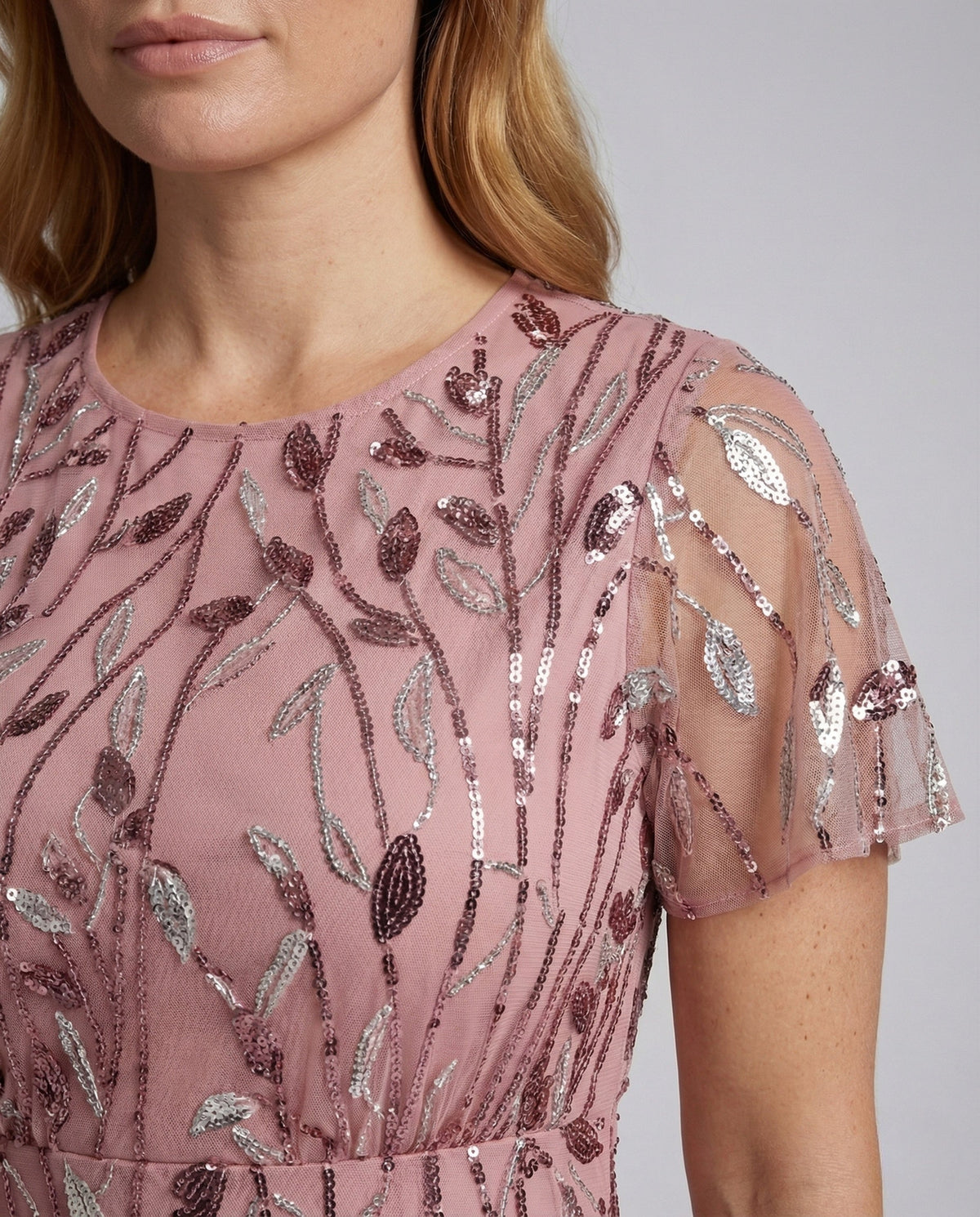 Women's Sequin Tulle Maxi Dress with Sheer Short Sleeves
