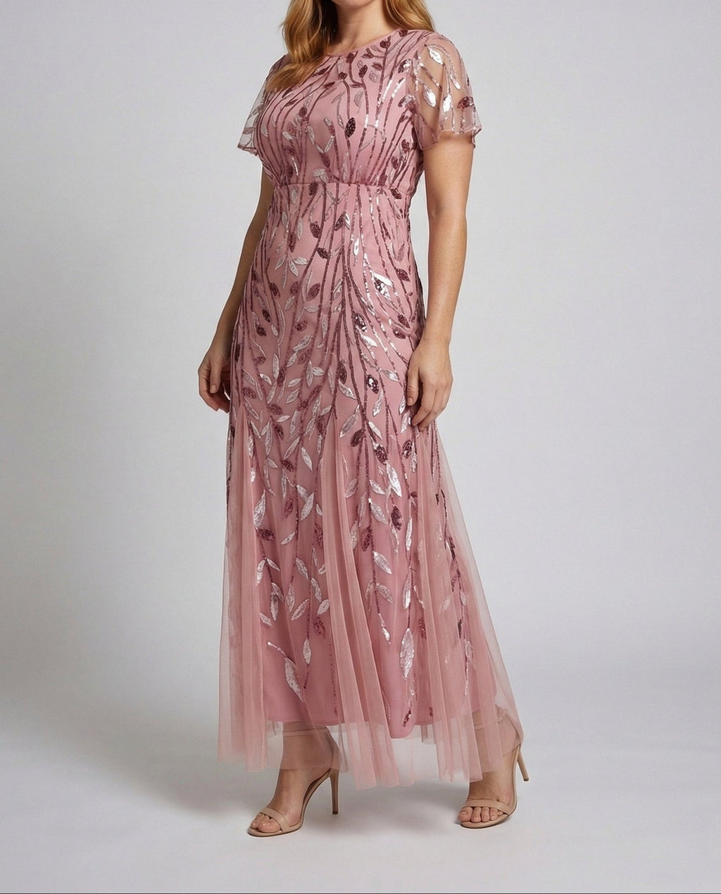 Women's Sequin Tulle Maxi Dress with Sheer Short Sleeves