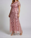 Women's Sequin Tulle Maxi Dress with Sheer Short Sleeves