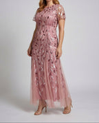 Women's Sequin Tulle Maxi Dress with Sheer Short Sleeves