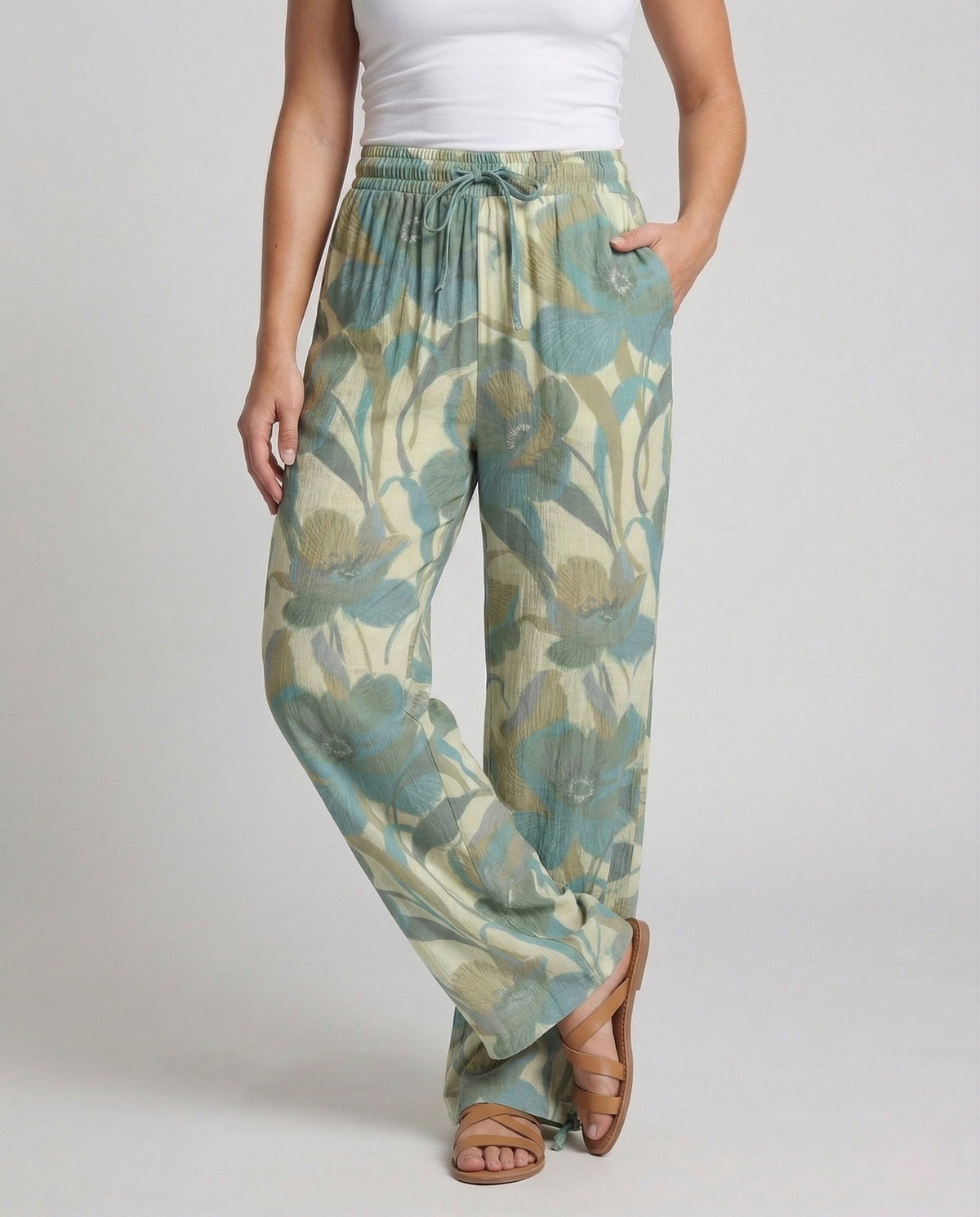 Women's Printed Wide Leg Trousers with Drawstring Waist