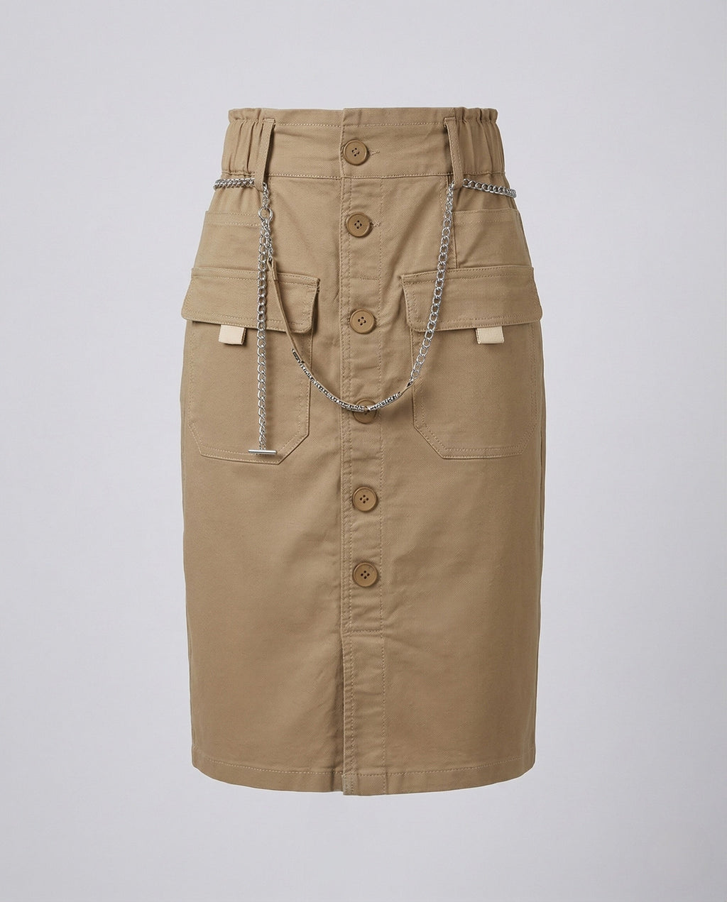 Women's High Waisted Cargo Skirt with Button Front and Chain Detail