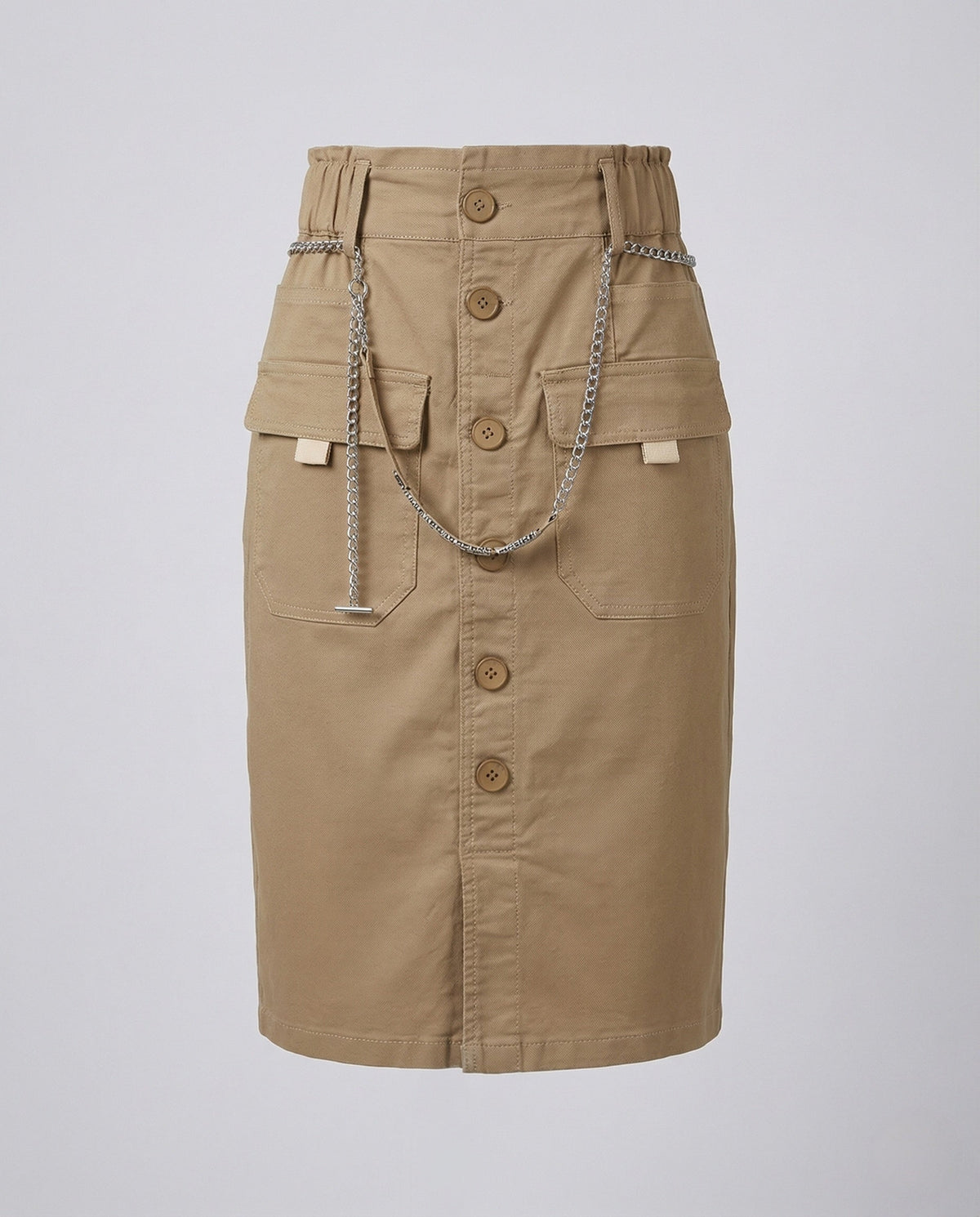 Women's High Waisted Cargo Skirt with Button Front and Chain Detail