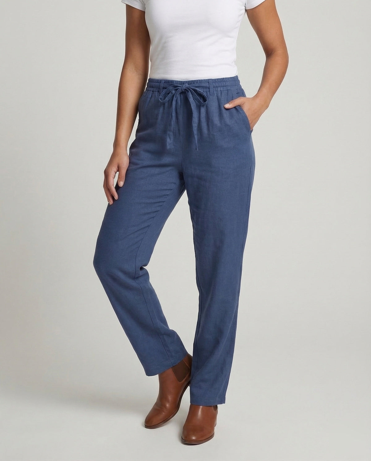Women's linen-look Blend Straight Leg Trousers with Elasticated Tie Waist