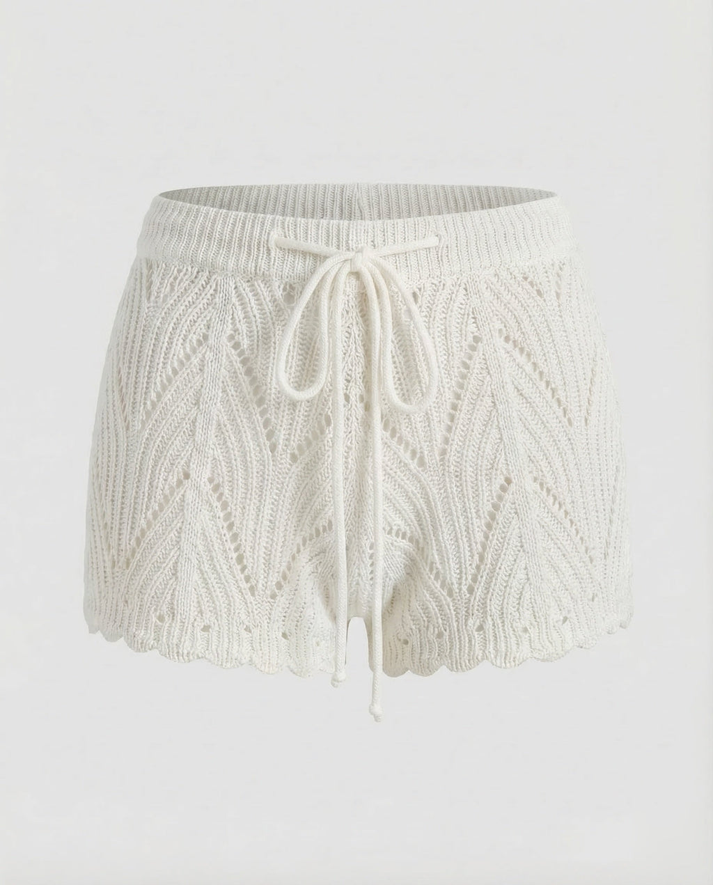 Women's Openwork Knit Beach Shorts with Drawstring Waist and Scalloped Hems