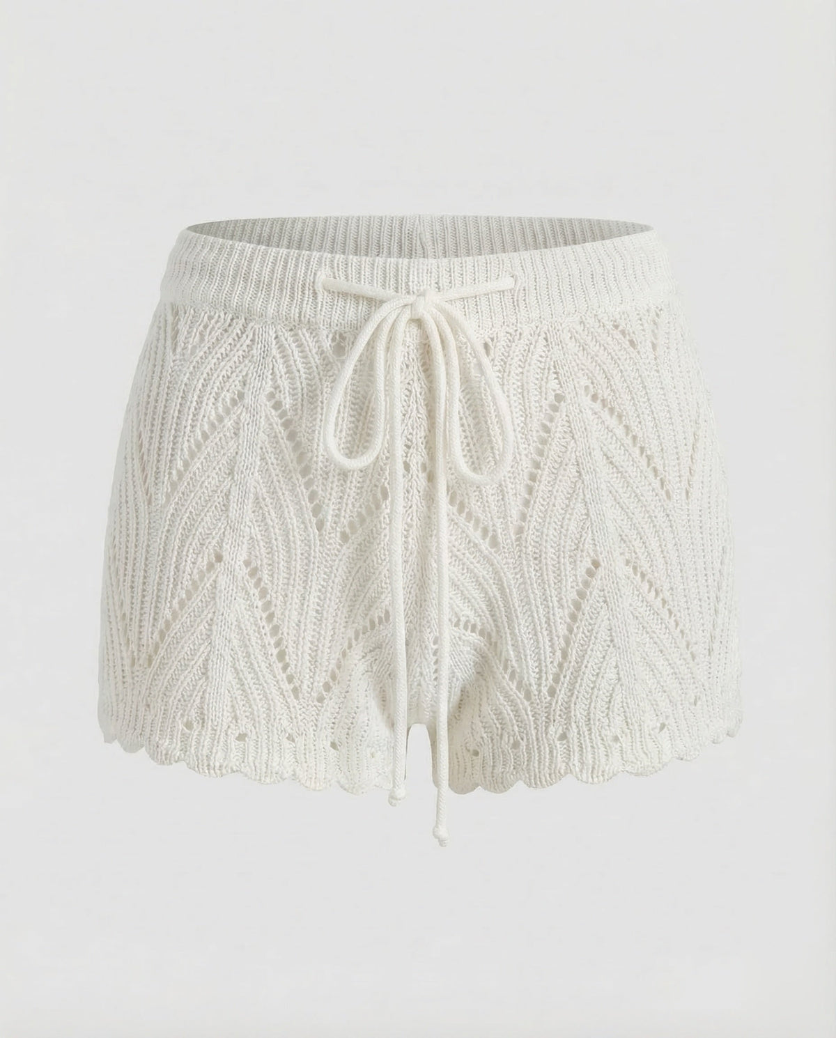 Women's Openwork Knit Beach Shorts with Drawstring Waist and Scalloped Hems