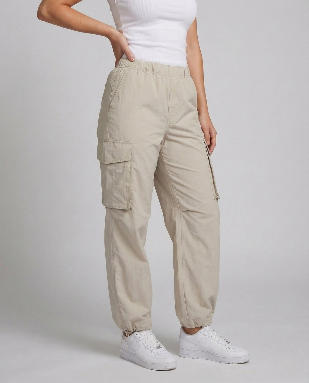 Women's Relaxed Cargo Trousers with Elasticated Waist and Adjustable