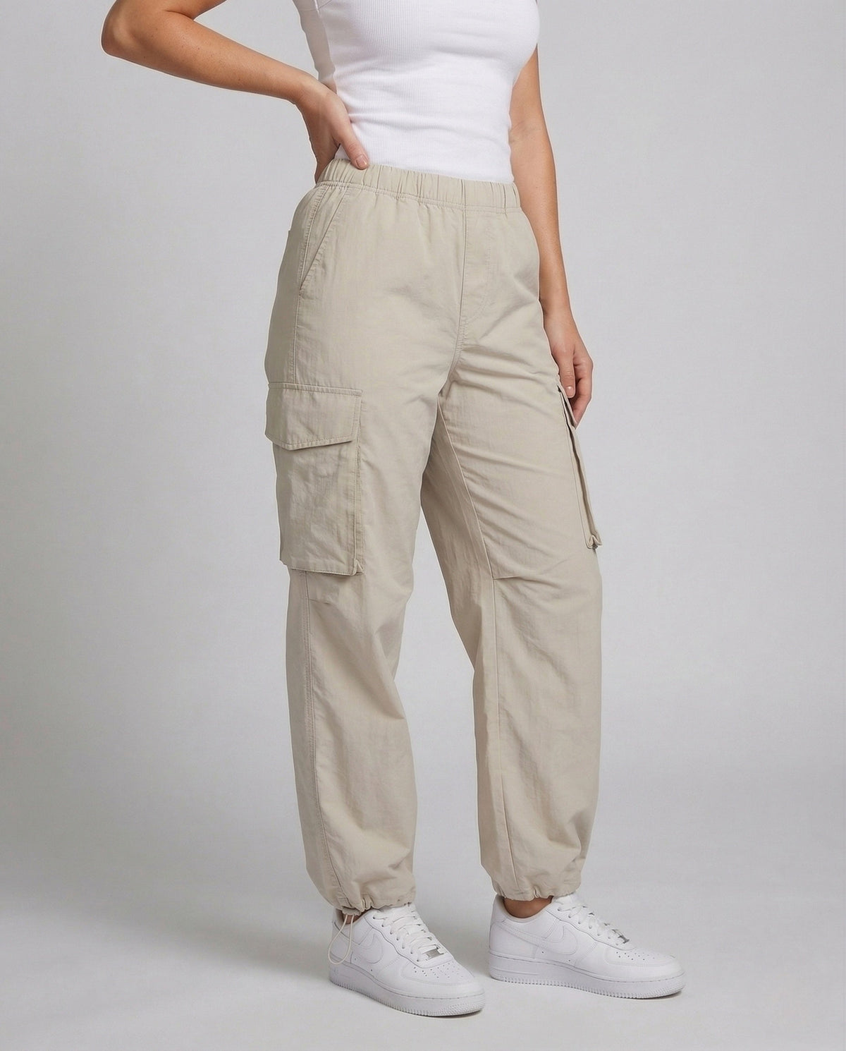 Women's Relaxed Cargo Trousers with Elasticated Waist and Adjustable