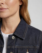 Women's Short Denim Jacket with Pointed Collar and Chest Pockets