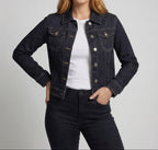 Women's Short Denim Jacket with Pointed Collar and Chest Pockets