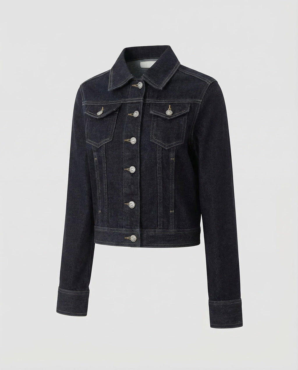 Women's Short Denim Jacket with Pointed Collar and Chest Pockets