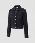 Women's Short Denim Jacket with Pointed Collar and Chest Pockets