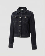Women's Short Denim Jacket with Pointed Collar and Chest Pockets