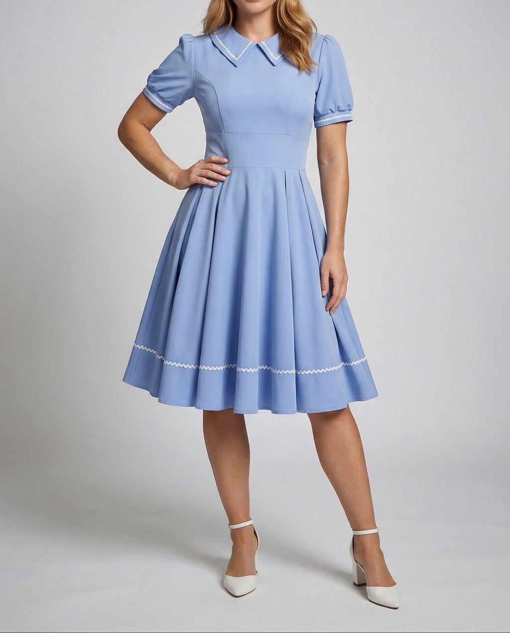 Women's Vintage-Inspired Swing Dress with Pointed Collar and Puff Sleeves