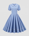 Women's Vintage-Inspired Swing Dress with Pointed Collar and Puff Sleeves