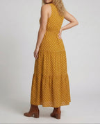Women's Printed Sleeveless Maxi Dress with Gathered Waist and Tiered Skirt