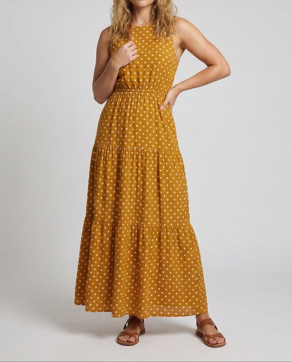 Women's Printed Sleeveless Maxi Dress with Gathered Waist and Tiered Skirt