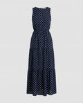 Women's Printed Sleeveless Maxi Dress with Gathered Waist and Tiered Skirt