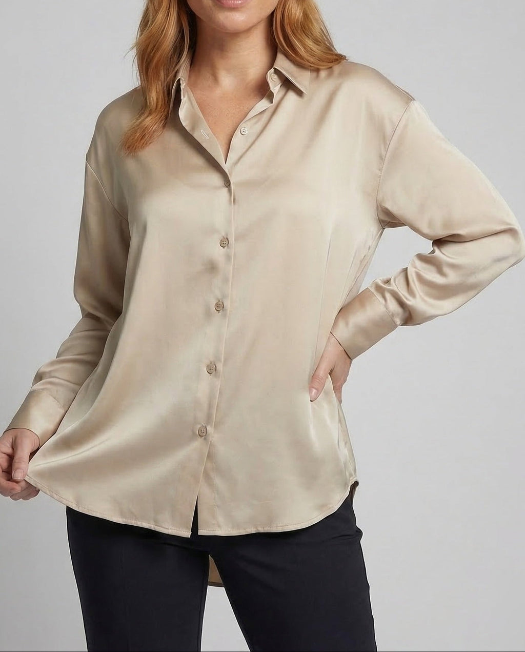Women's Oversized Satin Blouse with Long Sleeves and Curved Hem