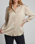 Women's Oversized Satin Blouse with Long Sleeves and Curved Hem