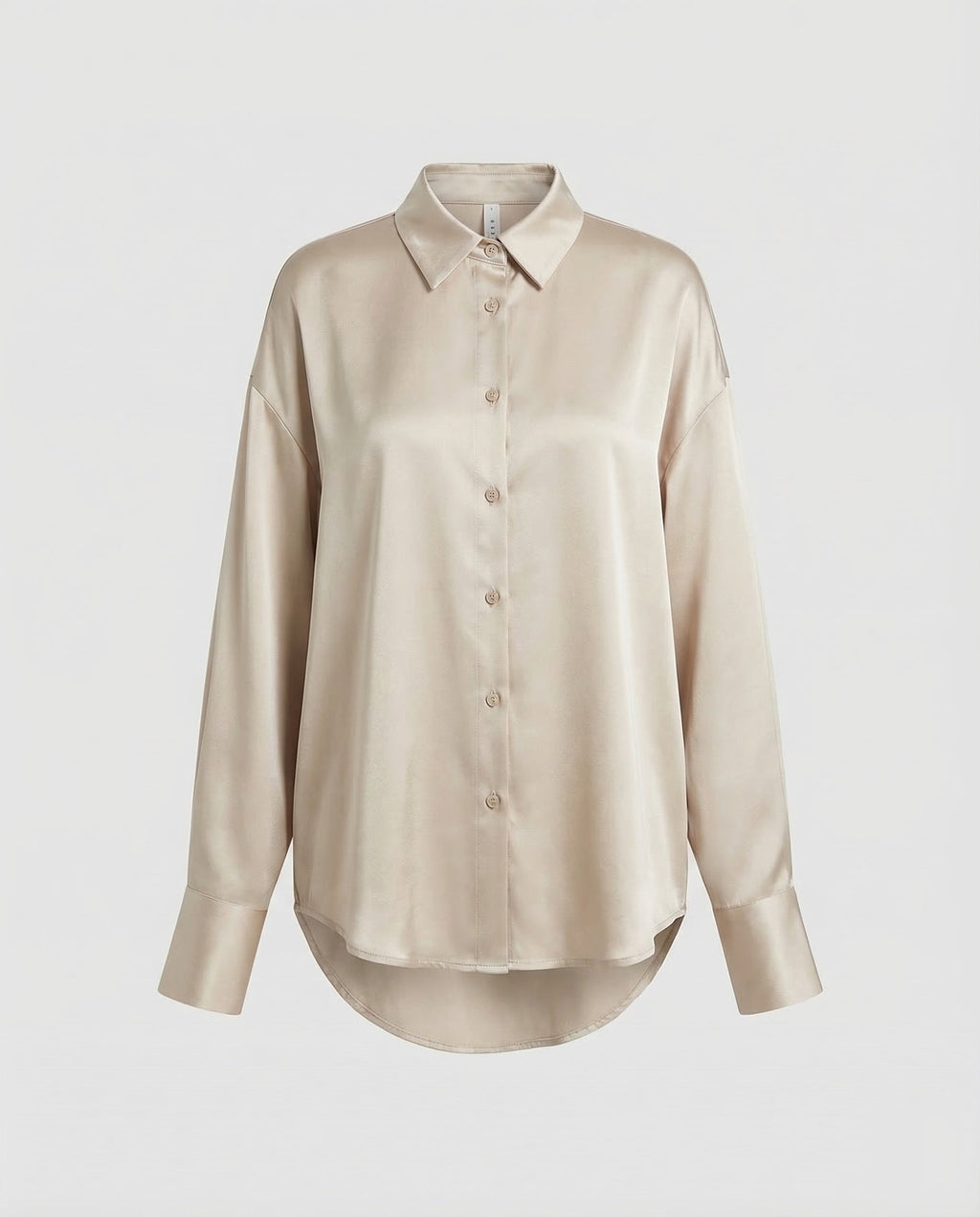 Women's Oversized Satin Blouse with Long Sleeves and Curved Hem