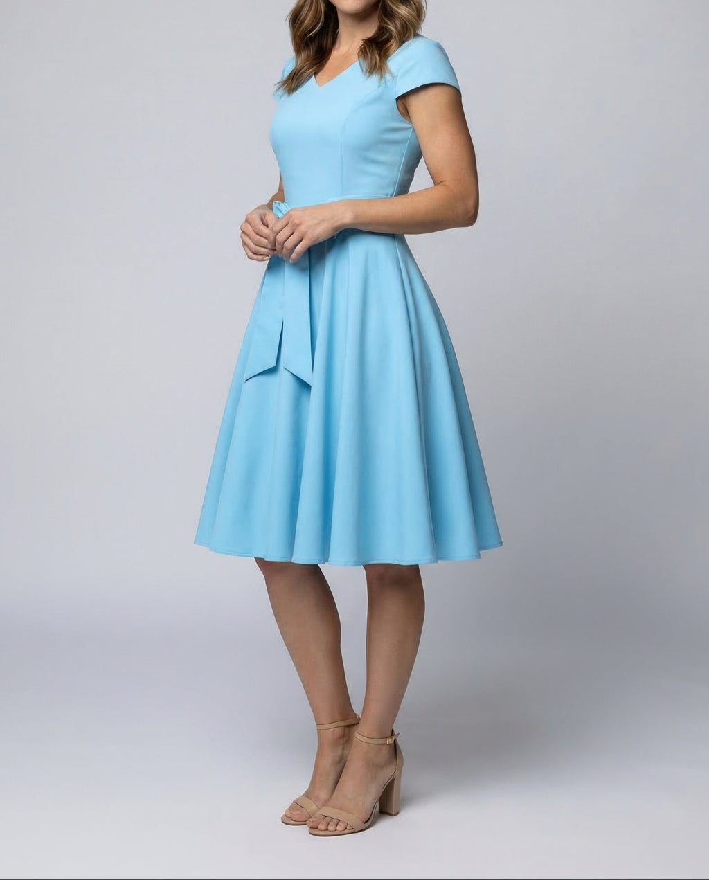 Women's Fit and Flare Dress with V-Neck and Tie Waist
