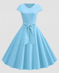 Women's Fit and Flare Dress with V-Neck and Tie Waist