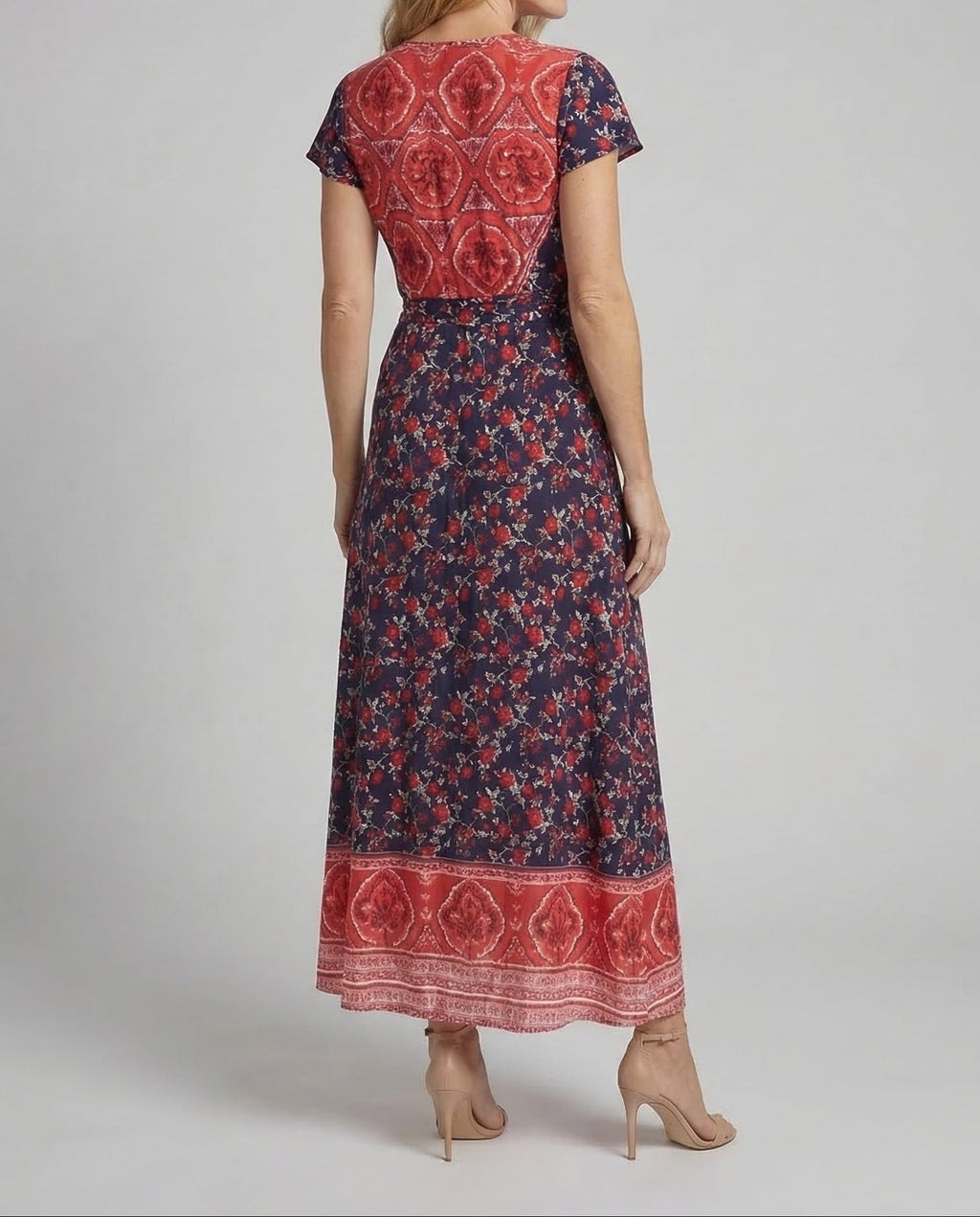 Women's Printed Maxi Dress with Wrap V-Neck and Tie Waist